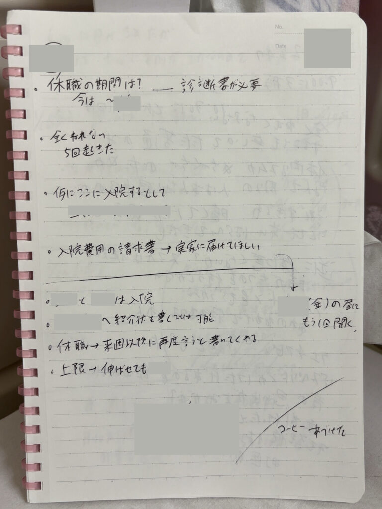 精神科閉鎖病棟に入院している間に書いたノート。