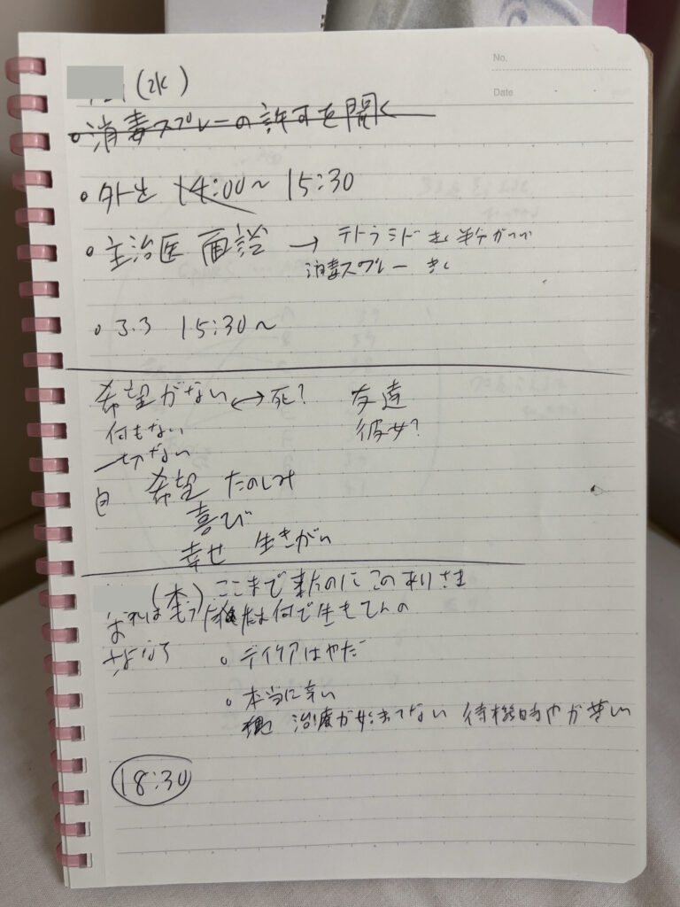 精神科閉鎖病棟に入院している間に書いたノート。