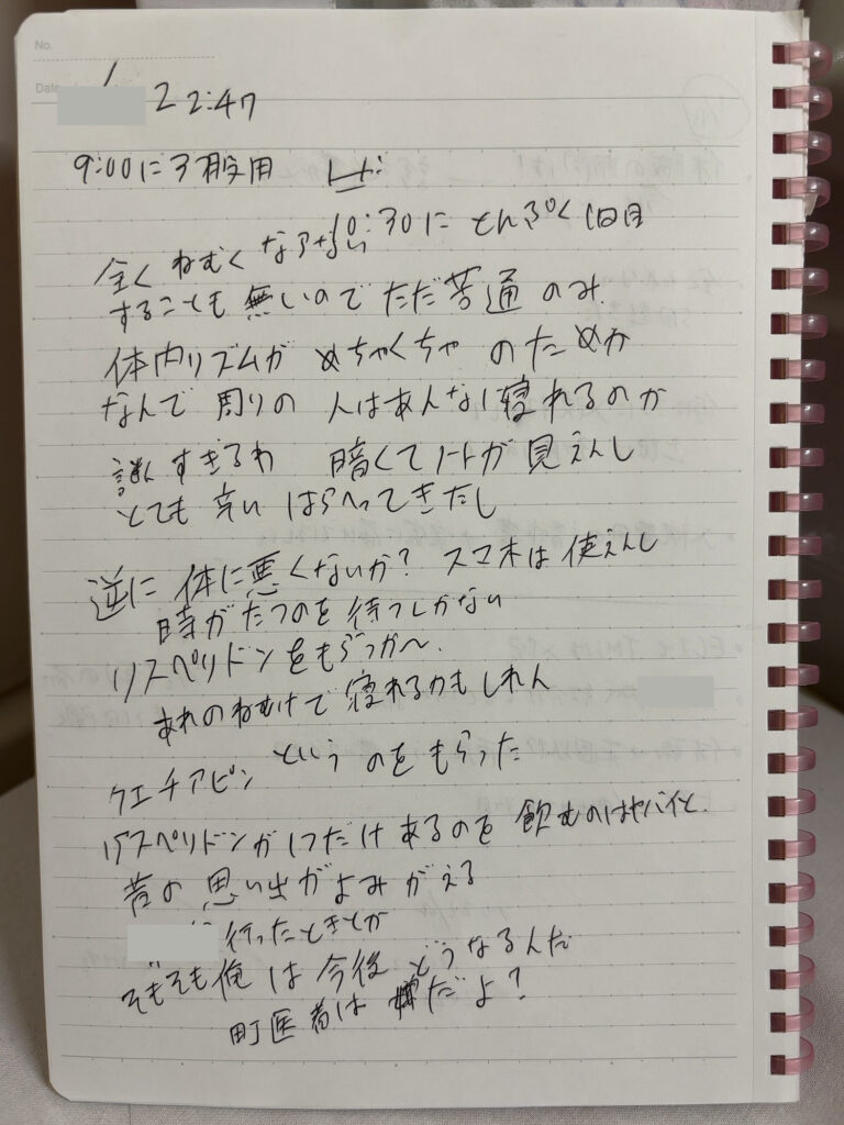 精神科閉鎖病棟に入院している間に書いたノート。