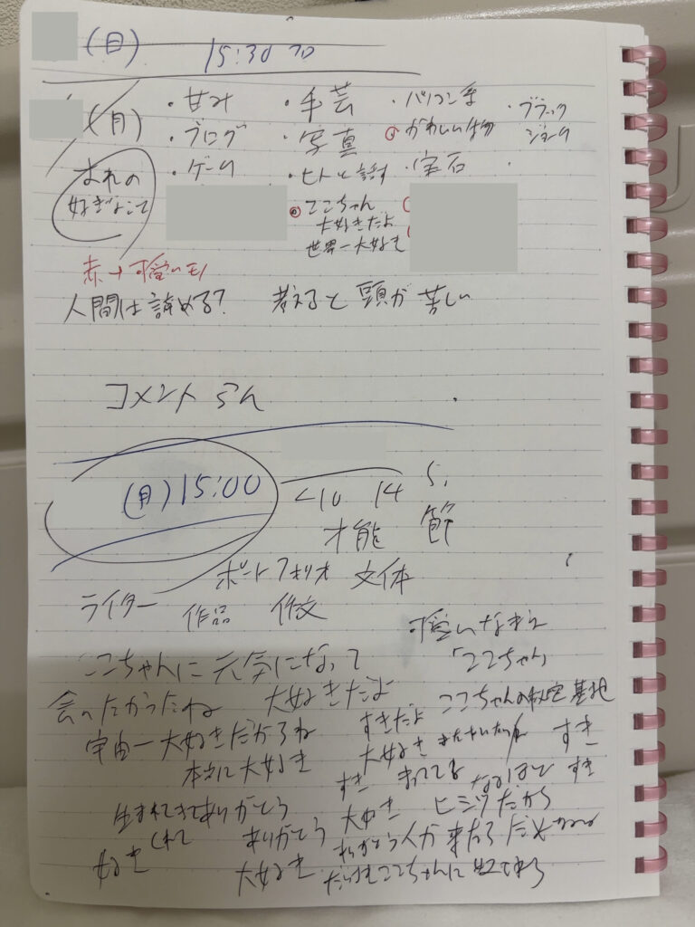 精神科閉鎖病棟に入院している間に書いたノート。