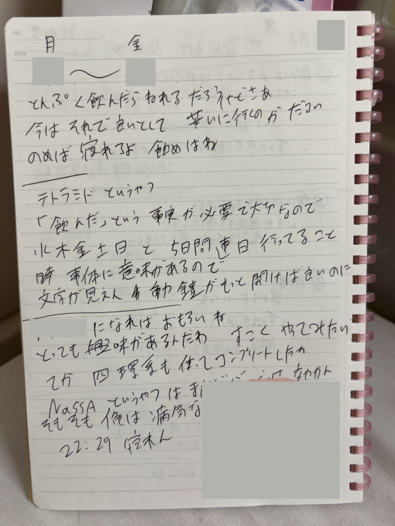 精神科閉鎖病棟に入院している間に書いたノート。